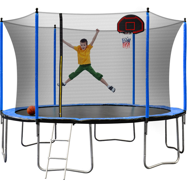 YC 14FT Trampoline with Basketball Hoop Inflator and Ladder(Inner Safety Enclosure) Blue A+B