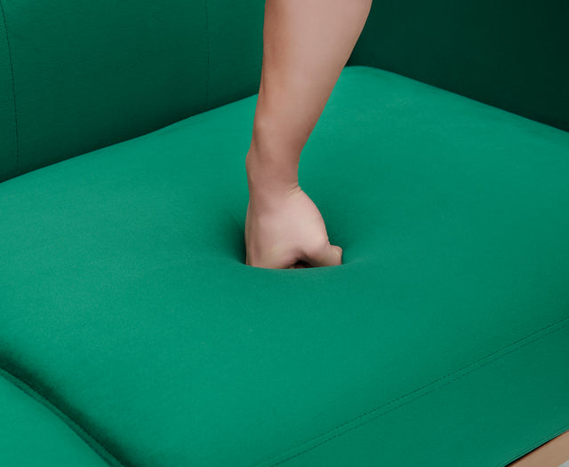 Modern green velvet sand living room sofa with midfoot and two throw pillows