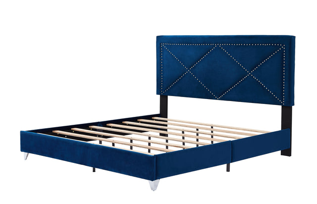 B109 King bed .Beautiful brass studs adorn the headboard, strong wooden slats + metal legs with Electroplate