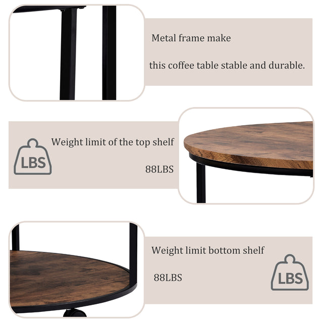 ON-TREND Round Coffee Table with Caster Wheels and Wood Textured Surface for Living Room, φ35.5”( Distressed Brown)