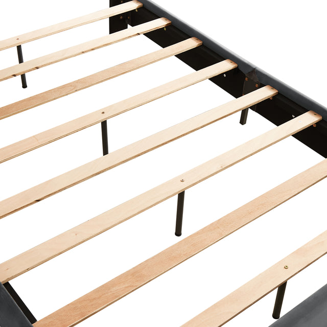 B109 Soft mattress with copper nail headboard, Queen bed, strong wooden slats + metal support feet, Gray Flannelette
