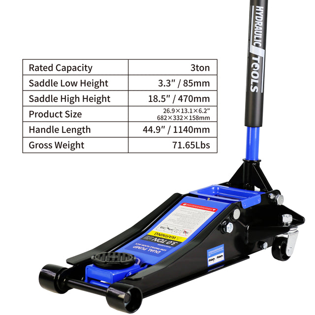 Hydraulic Low Profile and Steel Racing Floor Jack with Dual Piston Quick Lift Pump,3 Ton (6600 lb) Capacity, Blue