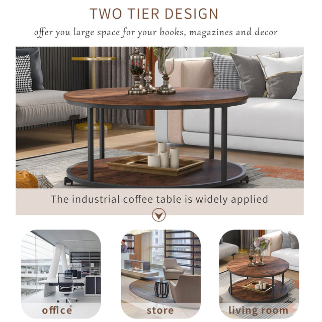 ON-TREND Round Coffee Table with Caster Wheels and Wood Textured Surface for Living Room, φ35.5”( Distressed Brown)