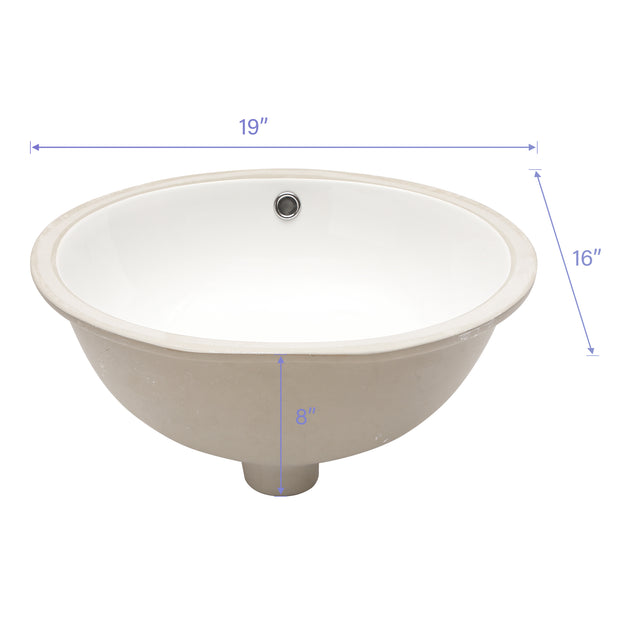 19"x16" Oval Shape Undermount Bathroom Sink Modern Pure White Porcelain Ceramic Lavatory Vanity Sink Basin with Overflow