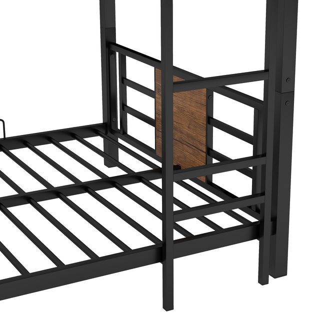 Twin Size Triple Metal Bunk Bed, with Wood Decoration Headboard and Footboard, Brown