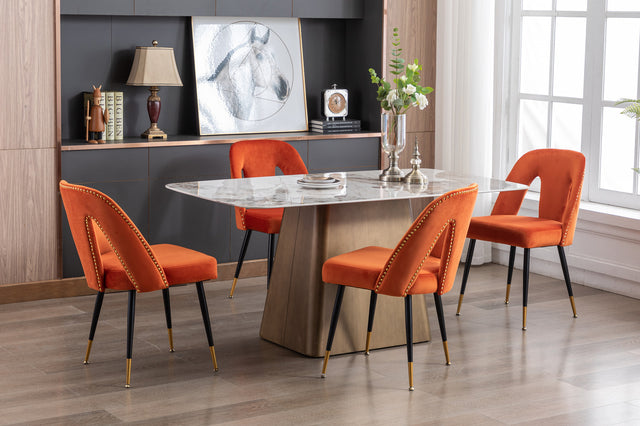 A&A Furniture,Akoya Collection Modern | Contemporary Velvet Upholstered Dining Chair with Nailheads and Gold Tipped Black Metal Legs, Orange,Set of 2