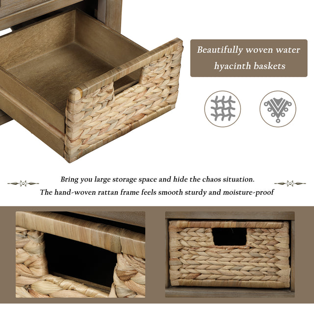 TREXM Rustic Storage Bench with 3 Drawers and 3 Rattan Baskets, Shoe Bench for Living Room, Entryway (White Washed)