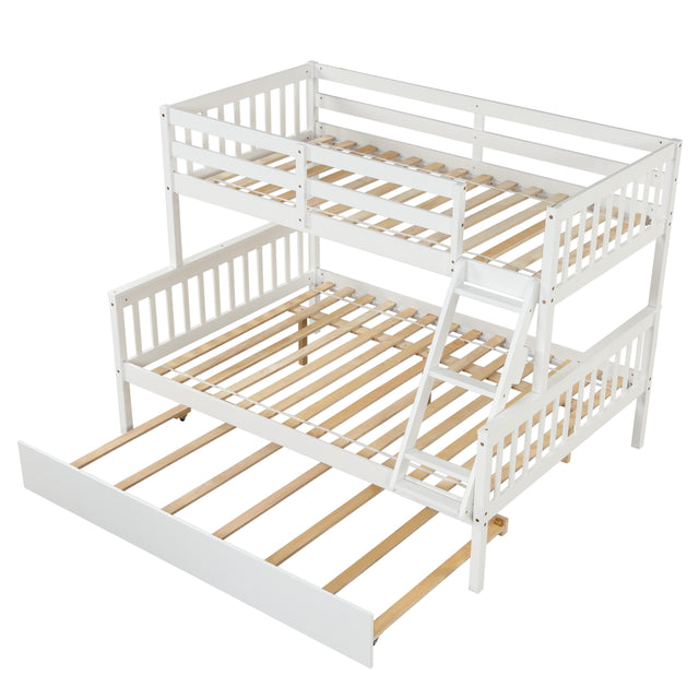 Twin Over Full Bunk Bed with Trundle, Convertible into 2 Beds, the Bunk Bed with Ladder and Safety Rails for Kids, Teens, Adults, White (Old Sku:W504S00030)