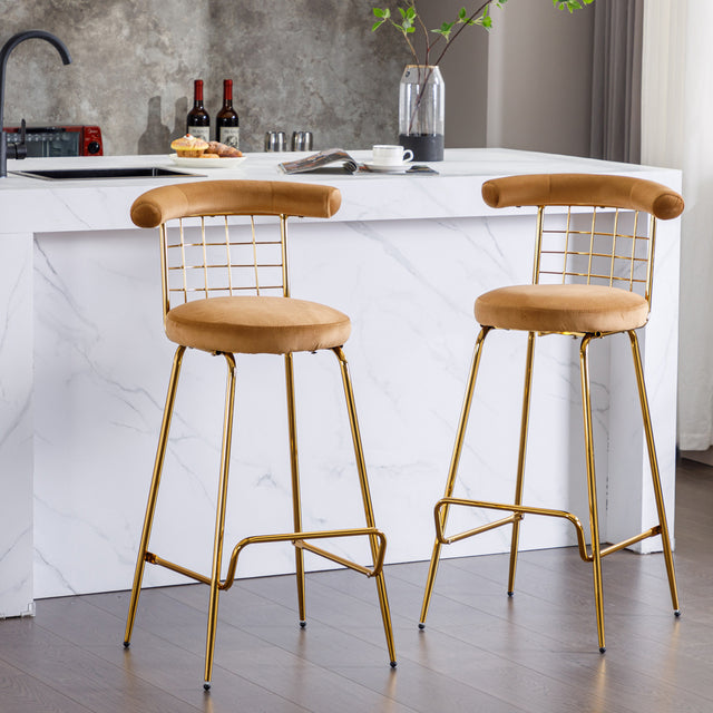 Bar Stool Set of 2, Luxury Velvet High Bar Stool with Metal Legs and Soft Back, Pub Stool Chairs Armless Modern Kitchen High Dining Chairs with Metal Legs, Camel