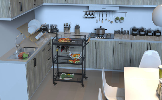 3 Tier Metal Mesh Rolling Storage Cart, Mesh Storage Pantry Cart with Lockable Wheels Wood Look Top and Metal Frame,Rolling Utility Cart for Kitchen Bathroom, Office, Library, Coffee Bar