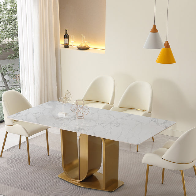71" Contemporary Dining Table in Gold with Sintered Stone Top and U shape Pedestal Base in Gold finish with 6 pcs Chairs .