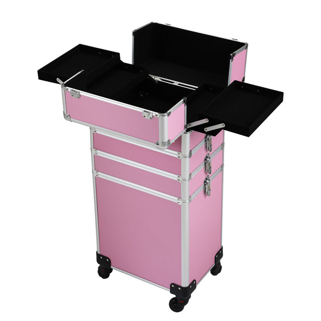 4-in-1 Makeup Travel Case with 360° Rolling Wheels, Locks, Keys and Adjustable Dividers, Pink