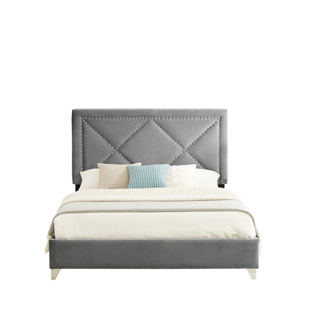 B109 Soft mattress with copper nail headboard, Queen bed, strong wooden slats + metal support feet, Gray Flannelette