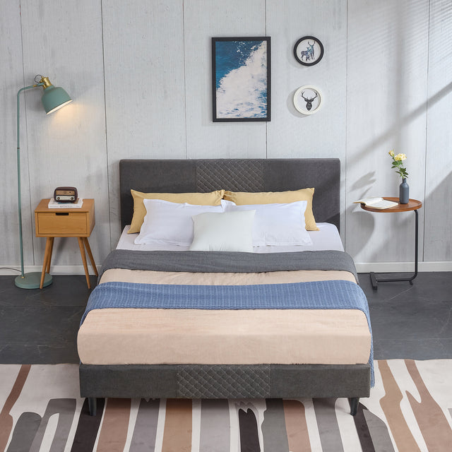 Full Size Platform Bed Frame with Fabric Upholstered Headboard and Wooden Slats Support, Fully Upholstered Mattress Foundation/No Box Spring Needed/Easy Assembly, Dark Grey