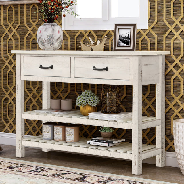 TREXM Retro Console Table for Entryway with Drawers and Shelf Living Room Furniture (Antique White)