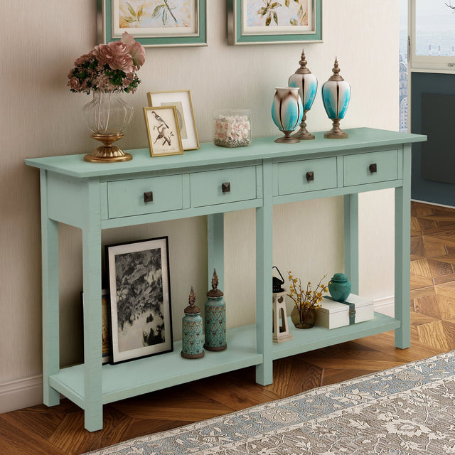 TREXM Rustic Brushed Texture Entryway Table Console Table with Drawers and Bottom Shelf for Living Room (Tiffany Blue)