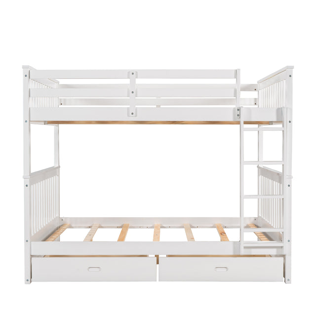 Full-Over-Full Bunk Bed with Ladders and Two Storage Drawers (White)