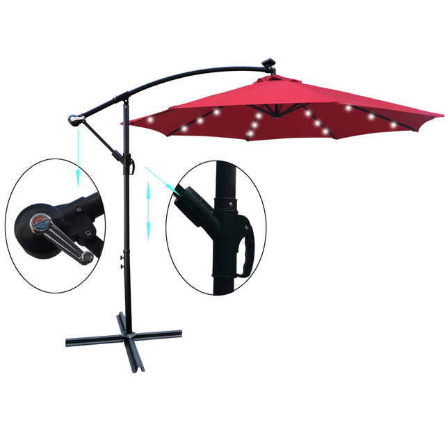10 ft Outdoor Patio Umbrella Solar Powered LED Lighted 8 Ribs Umbrella with Crank and Cross Base for Garden Outside Deck Swimming Pool