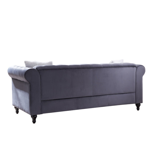 Loveseat Living Room Sofa, with Button and Copper Nail on Arms and Back, Two White Villose Pillow, Velvet Grey (60"x34.5"x30")