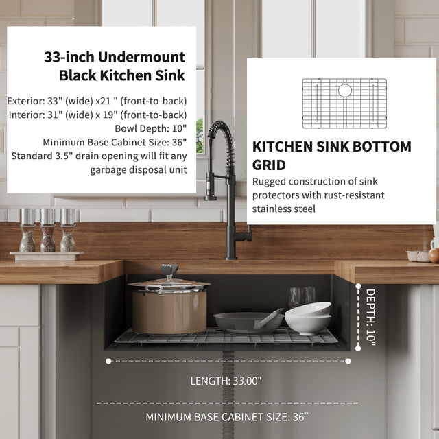 33" x 21" x 10" Undermount Kitchen Sink 16 Gauge Stainless Steel Single Bowl Kitchen Sink Gunmetal Black