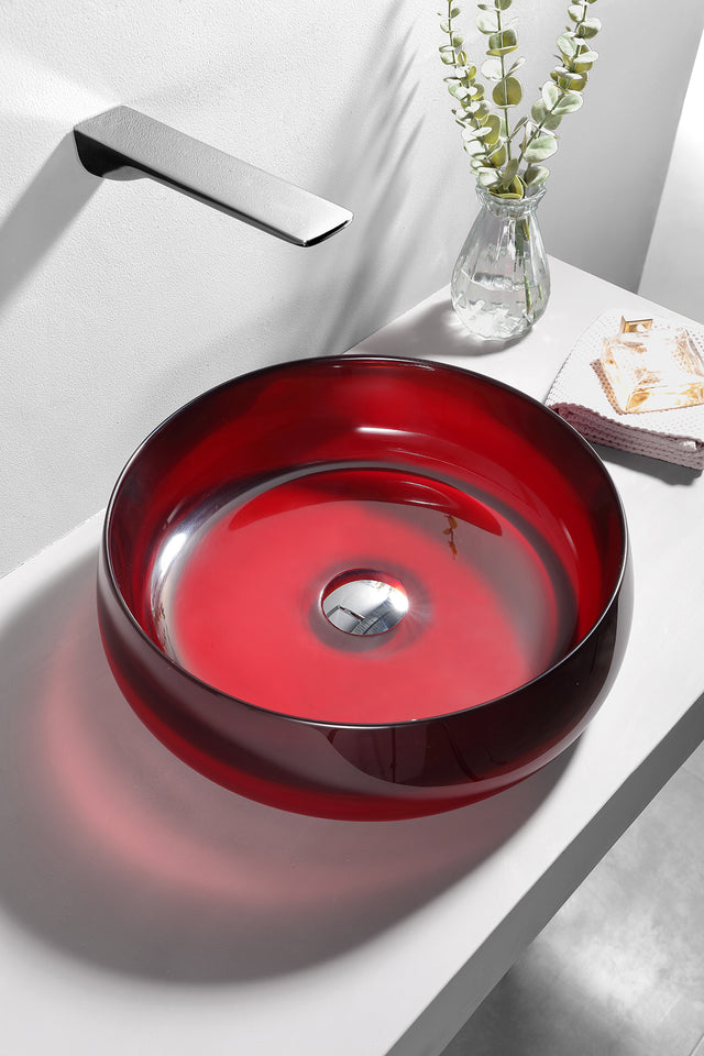 D15.7'' Transparent Crystal Red Bathtoom Vessel Basin Resin Stone Solid Surface Countertop Sink D400MM