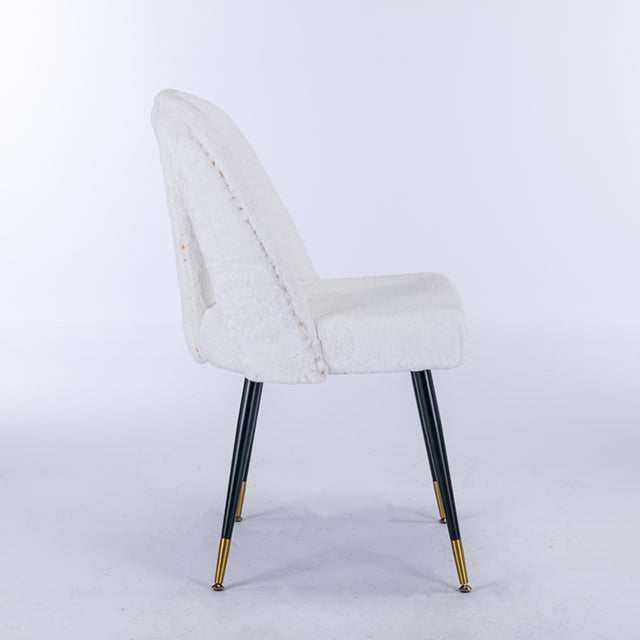 A&A Furniture,Akoya Collection Modern | Contemporary Rabbit Fur Fibre Upholstered Dining Chair with Nailheads and Gold Tipped Black Metal Legs, Cream White,Set of 2