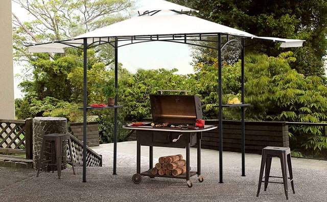 TOPMAX 13Ft.Lx4.5Ft.W Iron Double Tiered Backyard Patio BBQ Grill Gazebo with Bar Counters&Extendable Shades, White