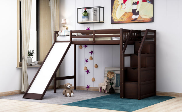 Twin Size Loft Bed with Storage and Slide, Espresso
