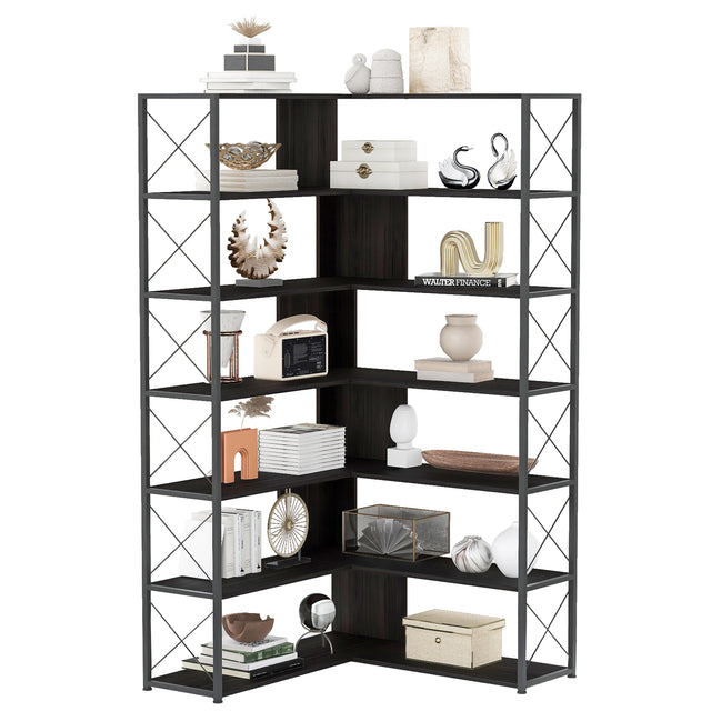 7-Tier Bookcase Home Office Bookshelf, L-Shaped Corner Bookcase with Metal Frame, Industrial Style Shelf with Open Storage, MDF Board
