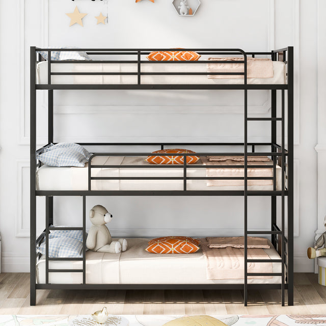 Twin Size Triple Metal Bunk Bed, with Wood Decoration Headboard and Footboard, Brown
