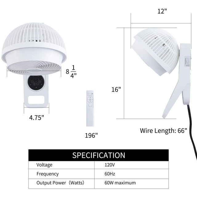 Simple Deluxe 7 inch Wall Mount Fan, 3 Speeds & 3 Modes, 15 Hours Timer, 60° Oscillating Circulating Fan, with Remote Control, Air Circulation Fan for Indoor Use, White
