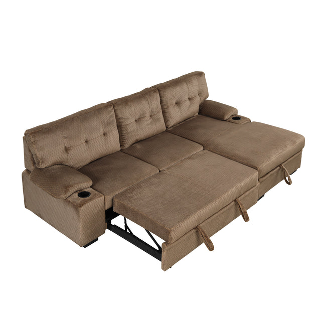 95.7" Modern Padded Upholstered Sofa Bed Sleeper Sectional Sofa with Storage Chaise and Cup Holder for Living Room Furniture Set