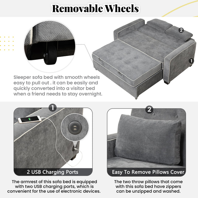 65.7" Linen Upholstered Sleeper , Pull Out Sofa Couch attached two throw pillows,Dual USB Charging Port and Adjustable Backrest for Living Room Space,Charcoal Gray