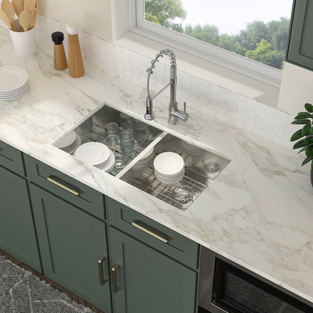 32x18 Undermount Double Bowl Kitchen Sink 50/50 18 Gauge Stainless Steel Offset Drain with 9 Inch Deep Double Bowl Sink