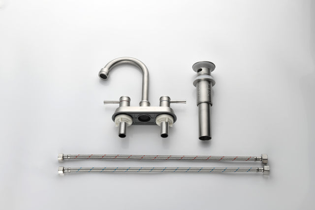 Brushed Nickel 4 Inch 2 Handle Centerset Lead-Free Bathroom Sink Faucet, with Copper Pop Up Drain and 2 Water Supply Lines,