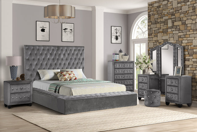 Nora Full 6 Pc Vanity Tufted Storage Bedroom Set made with Wood Gray