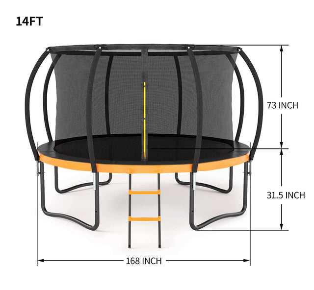 14FT Outdoor Big Trampoline With Inner Safety Enclosure Net, Ladder, PVC Spring Cover Padding, For Kids, Black&Orange Color