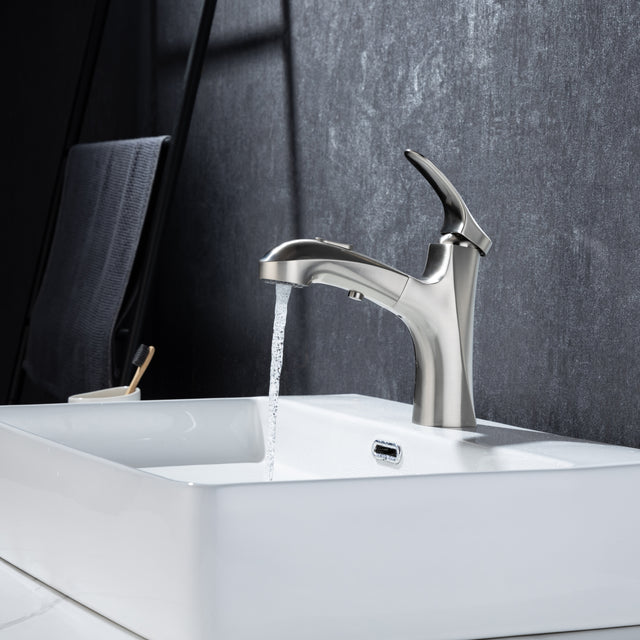 Pull Out Bathroom Faucet, Single Hole Bathroom Sink Faucet with 3 Modes Pull Down Sprayer, One Handle Modern Vanity Faucet, Farmhouse Lavatory Faucet