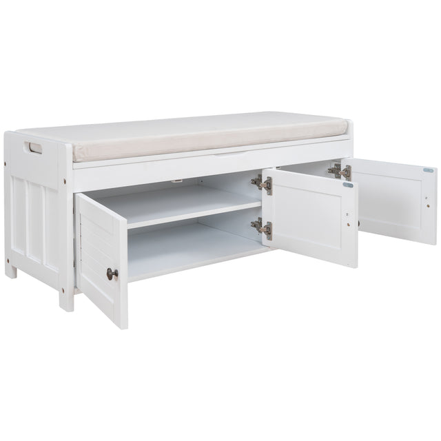 TREXM Storage Bench with 3 Shutter-shaped Doors, Shoe Bench with Removable Cushion and Hidden Storage Space (White)