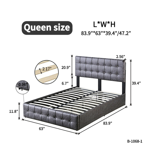 Hot Sale Queen Size Dark Grey Tech cloth Button Embedded Adjustable Headboard Height Upholstered Platform Bed Frame  with Storage Drawers