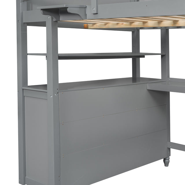 Full size Loft Bed with Drawers and Desk, Wooden Loft Bed with Shelves - Gray(OLD SKU:LT000529AAE)