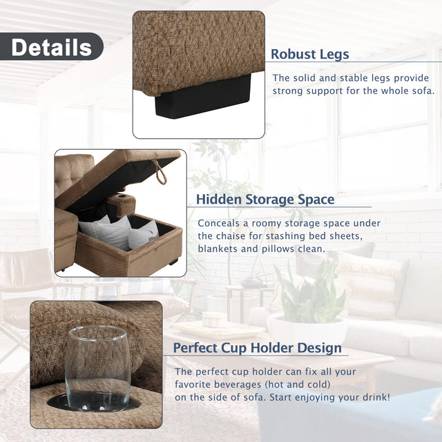 95.7" Modern Padded Upholstered Sofa Bed Sleeper Sectional Sofa with Storage Chaise and Cup Holder for Living Room Furniture Set