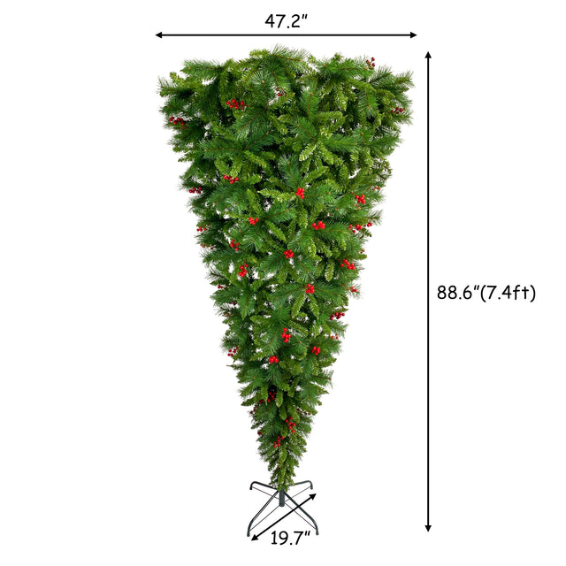 GO 7.4 ft Upside Down Green Christmas Tree Hinged Spruce Full Tree, 1500 branch tips, with Red Artificial Berries, PVC Pine Needles, Artificial Holiday Christmas Pine Tree for Home, Office, Party.