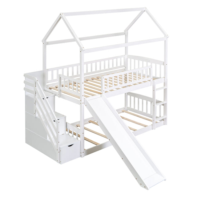 Twin Over Twin Bunk Bed with Drawers and Slide, House Bed with Slide,White(OLD SKU :LT000215AAK)