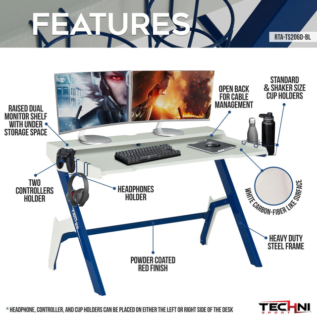 Techni Sport Ergonomic Computer Gaming Desk Workstation with Cupholder & Headphone Hook, Blue