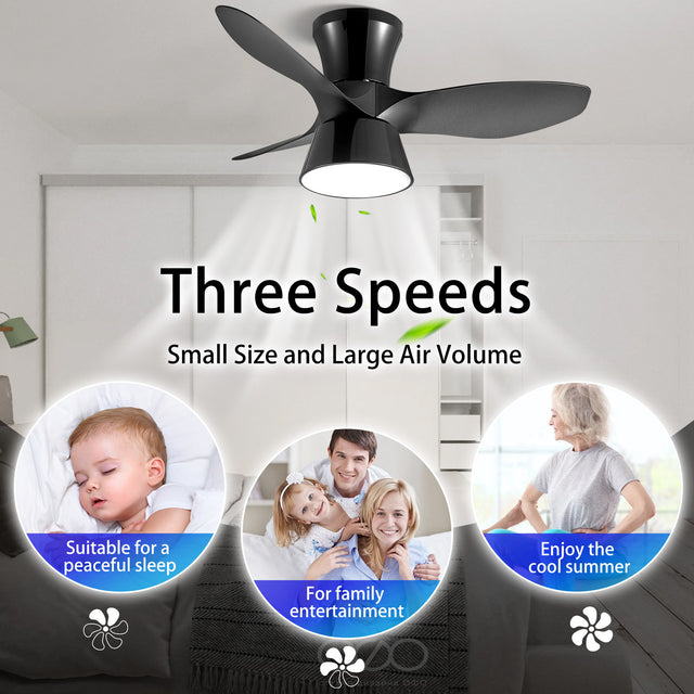32 Inch Black Flush Mount Ceiling Fan with Light