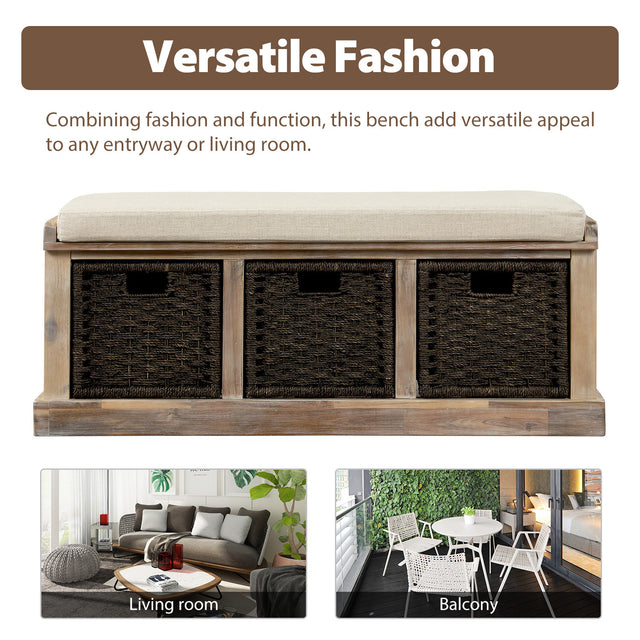 TREXM Rustic Storage Bench with 3 Removable Classic Rattan Basket , Entryway Bench with Removable Cushion (White Washed)