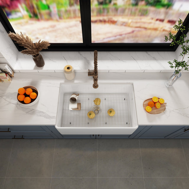 Fireclay Farmhouse Kitchen Sink 36 inch Single Bowl Apron Sink with Bottom Grid in & Drain , White Color
