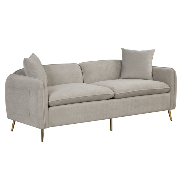 77.5" Velvet Upholstered Sofa with Armrest Pockets,3-Seat Couch with 2 Pillows and Golden Metal Legs for Living Room,Apartment,Home Office,Gray