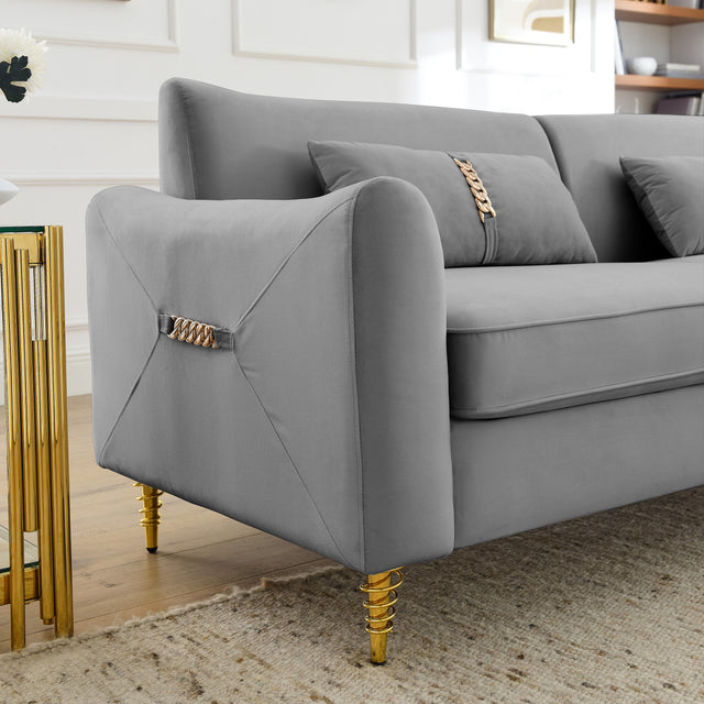 80.3" Modern Sofa Couch Upholstered Sofa Tufted Back Comfy Velvet Long Couch with 2 Pillows and Golden Legs for Living Room, Bedroom, Office, Apartment, Grey